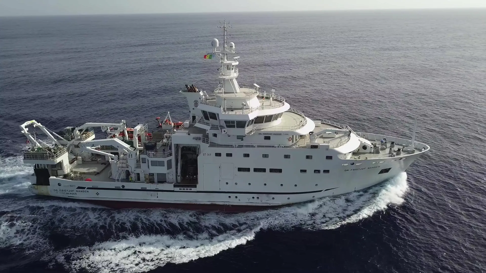 The research vessel Dr. Fridtjof Nansen seen from above, at sea
